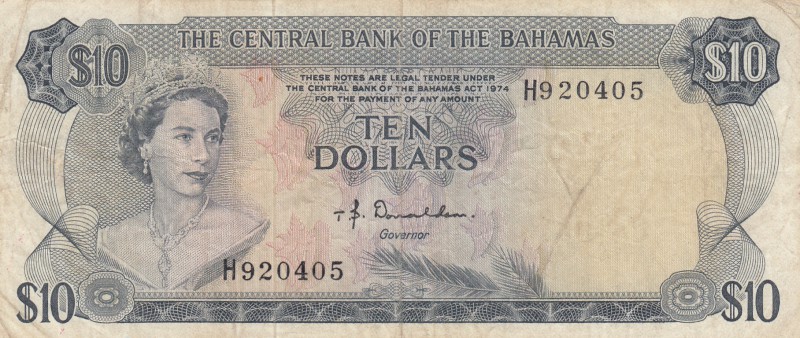 Bahamas, 10 Dollars, 1974, VF, p38a
serial number: H9 20405, Queen Elizabeth II...