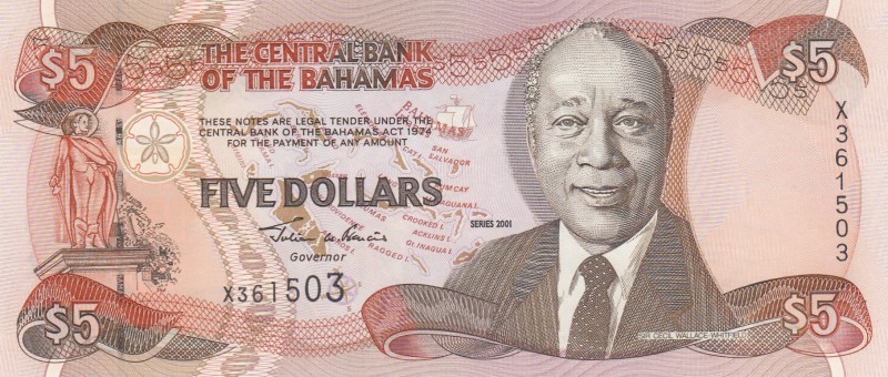 Bahamas, 5 Dollars, 2001, UNC, p63b
serial number: X 361503, Sir Cecil Wallace-...