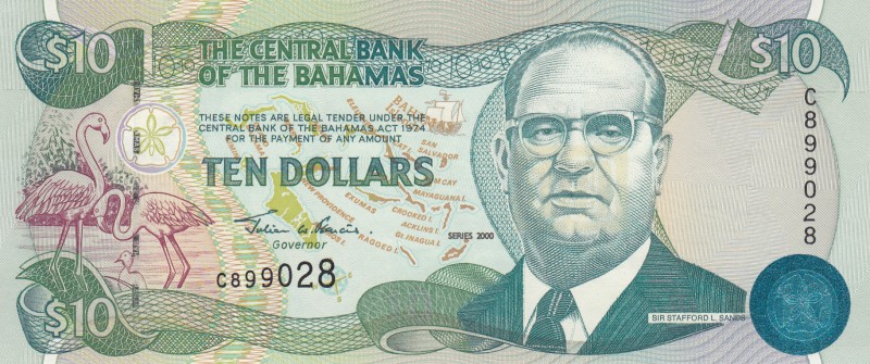 Bahamas, 10 Dollars, 2000, UNC, p64
serial number: C 899082, Sir Stafford Lofth...