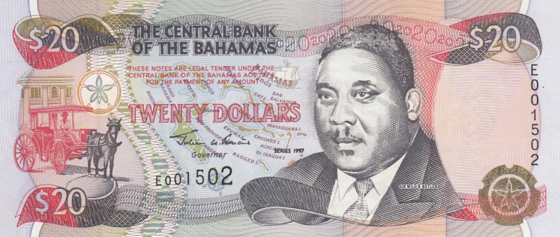 Bahamas, 20 Dollars, 1997, UNC, p65
serial number: E 001502, Excellent Sir Milo...