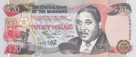 Bahamas, 20 Dollars, 1997, UNC, p65
serial number: E 001502, Excellent Sir Milo Boughton Butler portrait at right (Bahamian administrator. He was app...