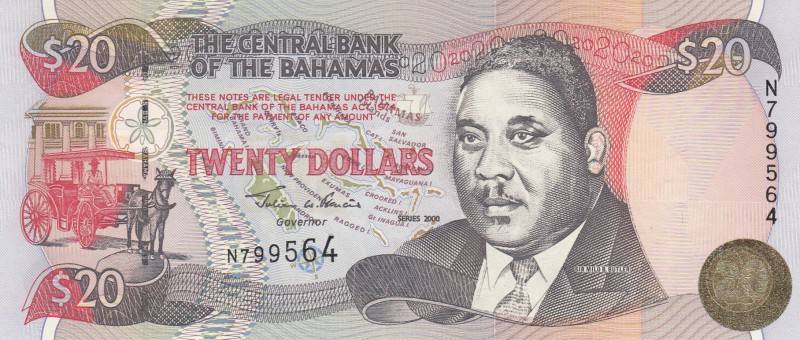 Bahamas, 20 Dollars, 2000, UNC, p65A
serial number: N 799564, Excellent Sir Mil...