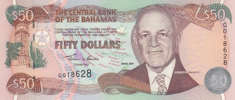 Bahamas, 50 Dollars, 2000, UNC, p66
serial number: G 018628, Bahamian politicia...