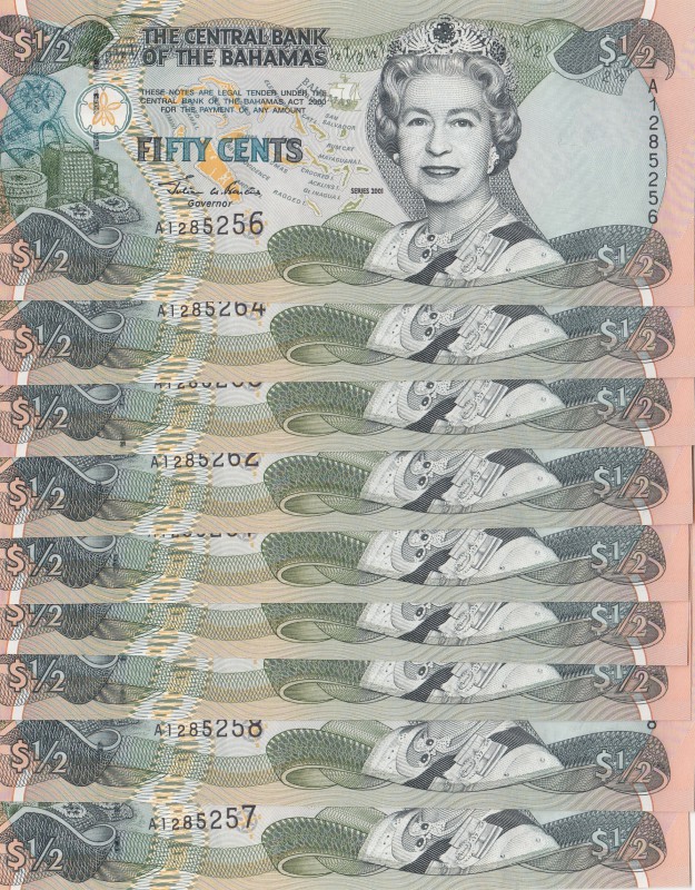 Bahamas, 50 Cents, 2001, UNC, p68, (Total 9 consecutive banknotes)
Queen Elizab...