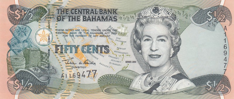 Bahamas, 50 Cents, 2001, UNC, p68
Queen Elizabeth II portrait, serial number: A...