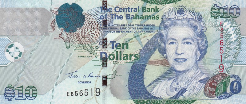 Bahamas, 10 Dollars, 2005, UNC, p73
serial number: E 856519, Queen Elizabeth II...