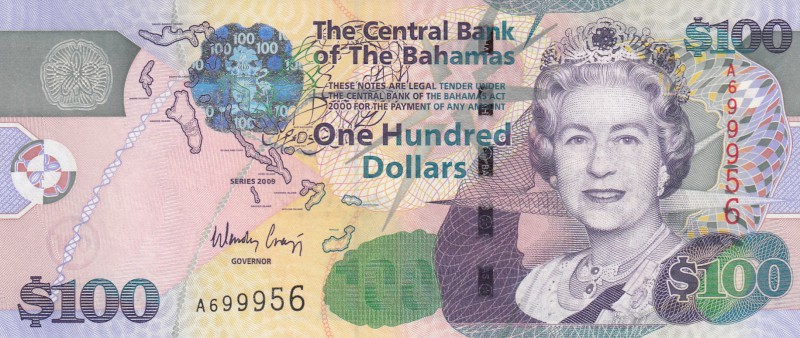 Bahamas, 100 Dollars, 2009, UNC, p76
serial number: A699956, Queen Elizabeth II...
