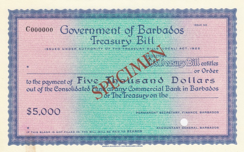 Barbados, 5.000 Dollars, AUNC-UNC, Act of 1922, SPECİMEN
no serial number, no s...