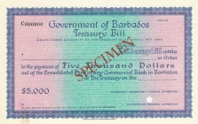 Barbados, 5.000 Dollars, AUNC-UNC, Act of 1922, SPECİMEN
no serial number, no signature, RARE
Estimate: $150-300