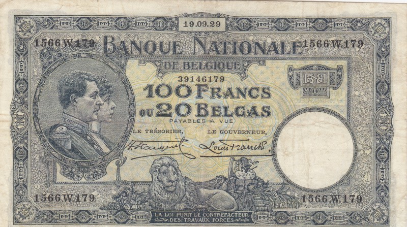 Belgium, 100 Francs or 20 Belgas, 1929, XF, p102
serial number: 1566.W.179, Kin...