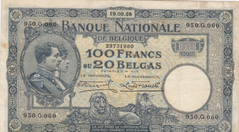 Belgium, 100 Francs or 20 Belgas, 1928, XF (-), p102
serial number: 950.G.060
...