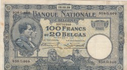 Belgium, 100 Francs or 20 Belgas, 1928, XF (-), p102
serial number: 950.G.060
Estimate: $25-50