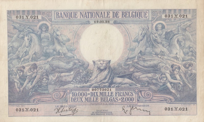 Belgium, 10.000 Francs or 2000 Belgas, 1938, ÇOK ÇOK TEMİZ, p105
serial number:...