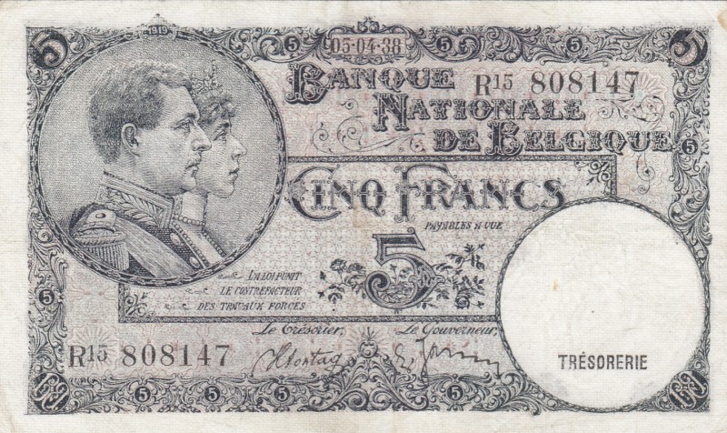 Belgium, 5 Francs, 1938, XF, p108
serial number: 808147, King Albert and Queen ...