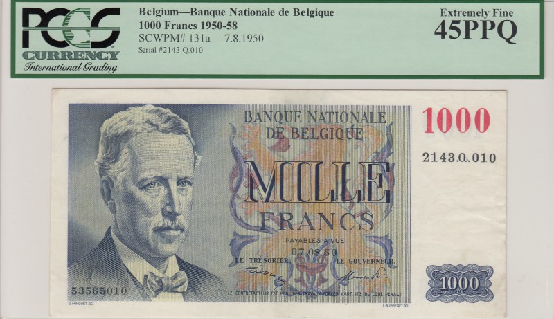 Belgium, 1000 Francs, 1950, XF, p131a
PCGS 45 PPQ, serial number: 2143.Q.010
E...