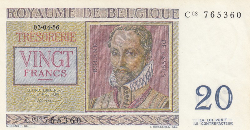 Belgium, 20 Francs, 1956, UNC, p132b
serial number: C08 765360, Orlande de Lass...