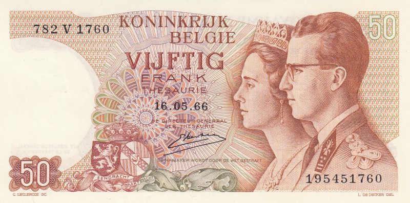 Belgium, 50 Francs, 1966, UNC, p139
King Baudouin I and Queen Fabiola portrait ...