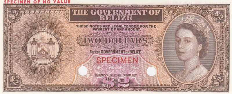 Belize, 2 Dollars, 1974, UNC, p34a, COLOR TRİAL SPECİMEN
no serial number, Quee...