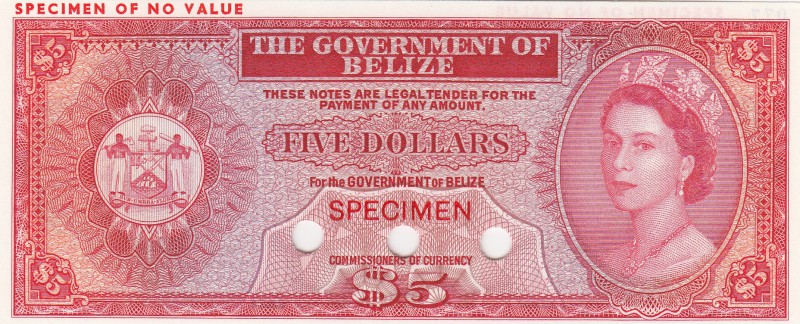 Belize, 5 Dollars, 1975, UNC, p34a, SPECİMEN
no serial number, Queen Elizabeth ...
