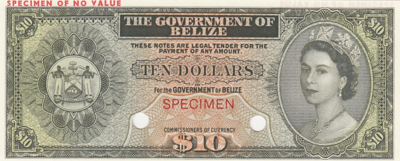 Belize, 10 Dollars, 1974, UNC, p36cts, COLOR TRİAL SPECİMEN
no serial number, Q...
