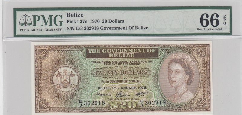 Belize, 20 Dollars, 1976, UNC, p37c
PMG 66 EPQ, serial number: E3 362918, Queen...