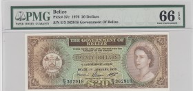 Belize, 20 Dollars, 1976, UNC, p37c
PMG 66 EPQ, serial number: E3 362918, Queen Elizabeth II Bankonte
Estimate: $1500-3000