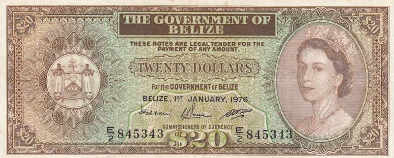 Belize, 20 Dollars, 1976, XF, p37c
Queen Elizabeth II portrait, serial number: ...