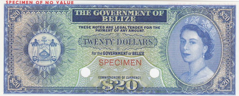 Belize, 20 Dollars, 1974, UNC, p37cts, COLOR TRİAL SPECİMEN
no serial number, Q...