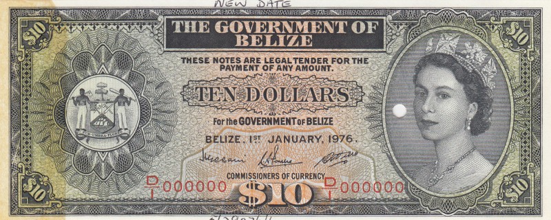 Belize, 10 Dollars, 1976, AUNC, p36c, SPECIMEN
Queen Elizabeth II portrait, ser...