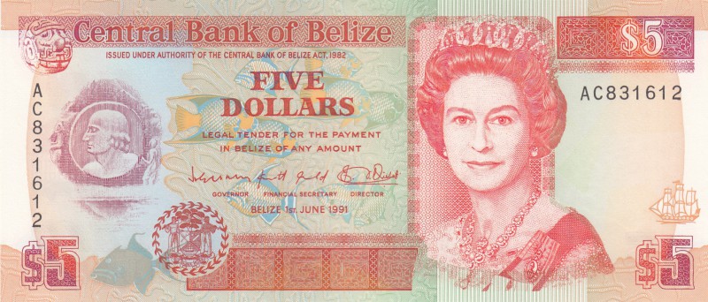 Belize, 5 Dollars, 1991, UNC, p53b
Queen Elizabeth II portrait, serial number: ...