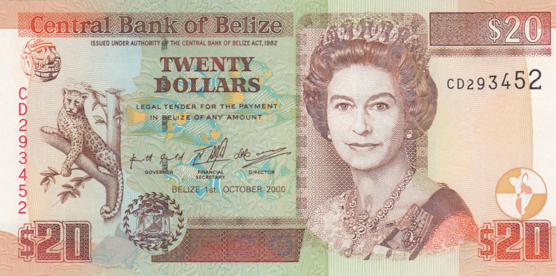 Belize, 20 Dollars, 2000, UNC, p63b
serial number: CD 293452, Queen Elizabeth I...