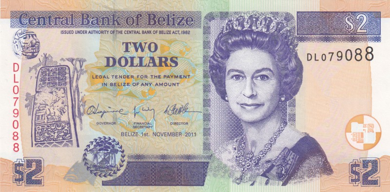 Belize, 2 Dollars, 2011, UNC, p66d
Queen Elizabeth II portrait, serial number: ...
