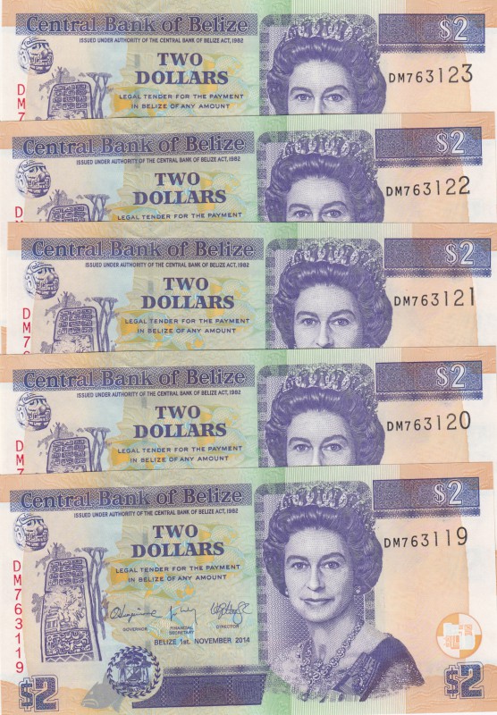 Belize, 2 Dollars, 2014, UNC, p66e, (Five consecutive banknotes)
Queen Elizabet...