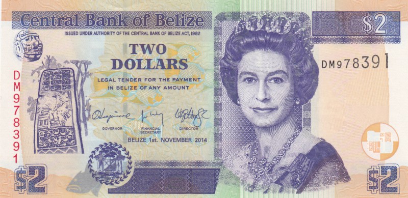 Belize, 2 Dollars, 2014, UNC, p66e
Queen Elizabeth II portrait, serial number: ...