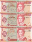 Belize, 5 Dollars, 2003, UNC, p67a, (Total 3 banknotes)
serial numbers: DA883419- DA883418- DD233836, Queen Elizabeth II portrait
Estimate: $25-50