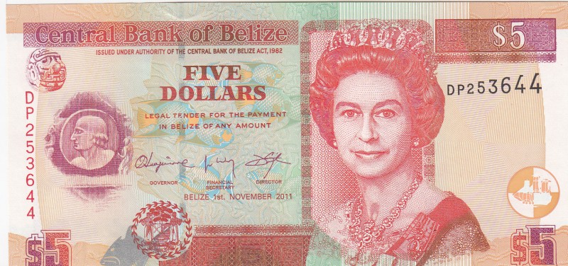 Belize, 5 Dollars, 2011, UNC, p67e
Queen Elizabeth II portrait, serial number: ...