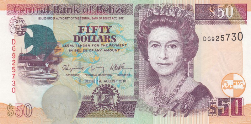 Belize, 50 Dollars, 2010, UNC, p70d
Queen Elizabeth II portrait, serial number:...