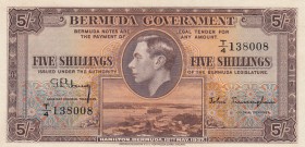 Bermuda, 5 Shillings, 1937, UNC, p8
serial number: T/4 138008, King George VI portrait at center
Estimate: $250-500