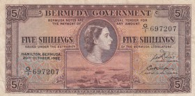 Bermuda, 5 Shillings, 1952, XF, p18a
serial number: G/1 697207, Queen Elizabeth II portrait
Estimate: $100-200