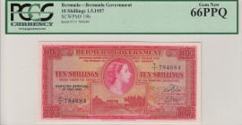 Bermuda, 10 Shillings, UNC, p19b
PCGS 66 PPQ, serial number: T/1 784684, Queen Elizabeth II portrait
Estimate: $150-300