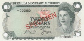 Bermuda, 20 Dollars, 1974, UNC, p31s, SPECIMEN
serial number: A/1 000000, Queen Elizabeth II portrait
Estimate: $75-150