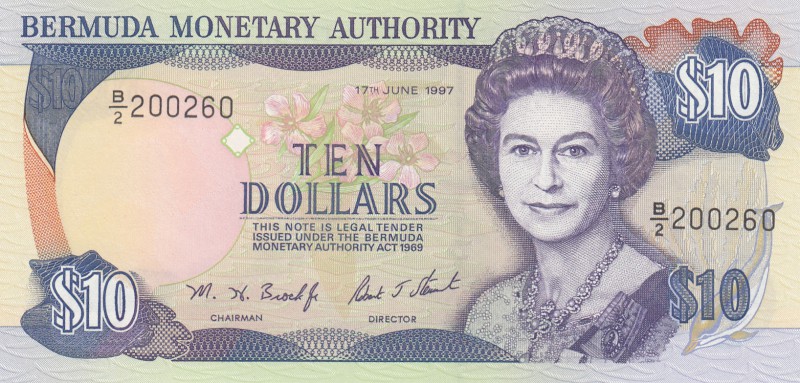 Bermuda, 10 Dollars, 1997, UNC, p42c
Queen Elizabeth II portrait, serial number...