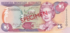 Bermuda, 5 Dollars, 2000, UNC, p51s, SPECIMEN
serial number: C/2 000000, Queen Elizabeth II portrait
Estimate: $40-80