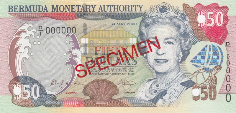 Bermuda, 50 Dollars, 2000, UNC, p54s, SPECIMEN
serial number: D/1 000000, Queen...