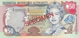 Bermuda, 50 Dollars, 2000, UNC, p54s, SPECIMEN
serial number: D/1 000000, Queen Elizabeth II portrait
Estimate: $100-200