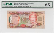 Bermuda, 100 Dollars, 2000, UNC, p55
PMG 66 EPQ, Queen Elizabeth II portrait, serial number: D/1 000996, Low serial number
Estimate: $100-200