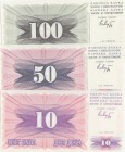 Bosnia- Herzegovina, 10 Dinara, 50 Dinara and 100 Dinara, 1992, UNC, p10 / p12 / p13, (Total 3 banknotes)
serial number: LF 80081864, FE 65906754 and...