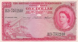 British Caribbean, 1 Dollar, 1958, AUNC-UNC, p7c
Queen Elizabeth , Serial Number: B3 751240
Estimate: $100-200