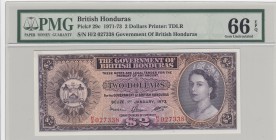 British Honduras, 2 Dollars, 1973, UNC, p29c
PMG 66 EPQ, serial number: H/2 027338, Queen Elizabeth II portrait
Estimate: $400-800