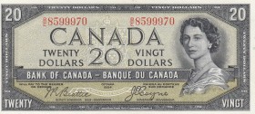 Canada, 20 Dollars, 1954, UNC (-), p33a, DEVİL'S FACE
Queen Elizabeth II Bankonte, sign: Coyne and Towers, serial number: B/E 859970
Estimate: $500-...